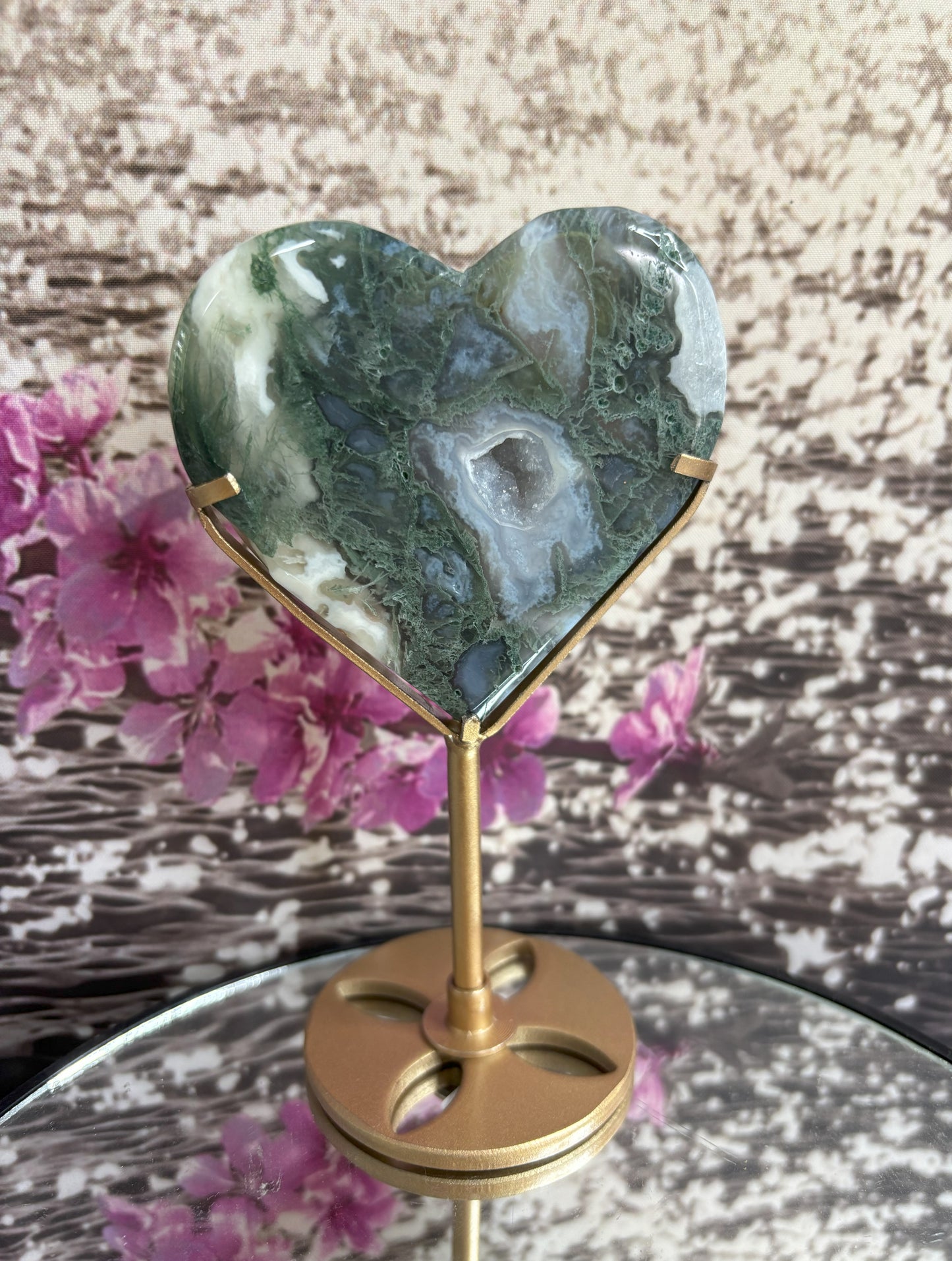 Moss Agate Heart Stands