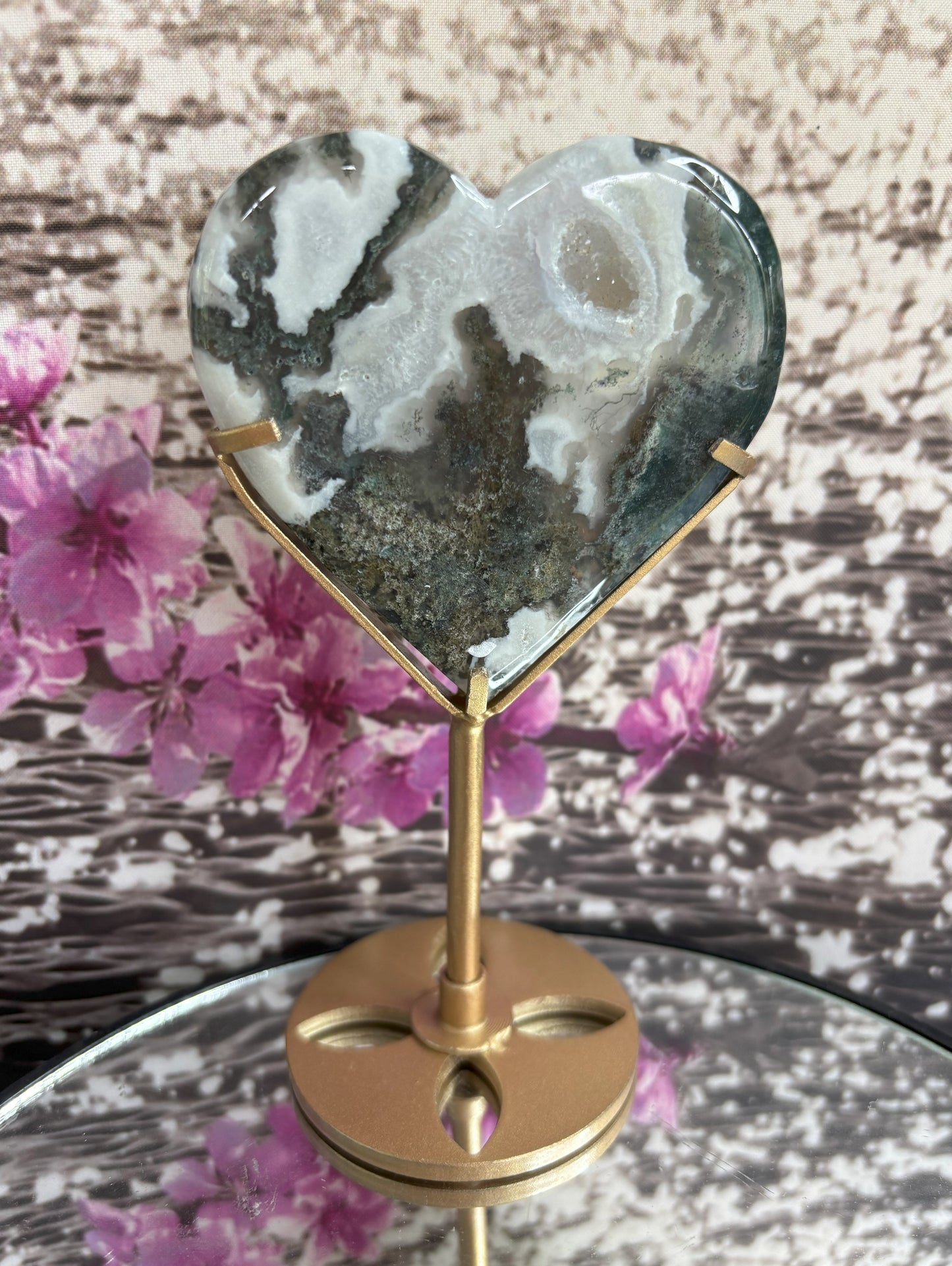 Moss Agate Heart Stands