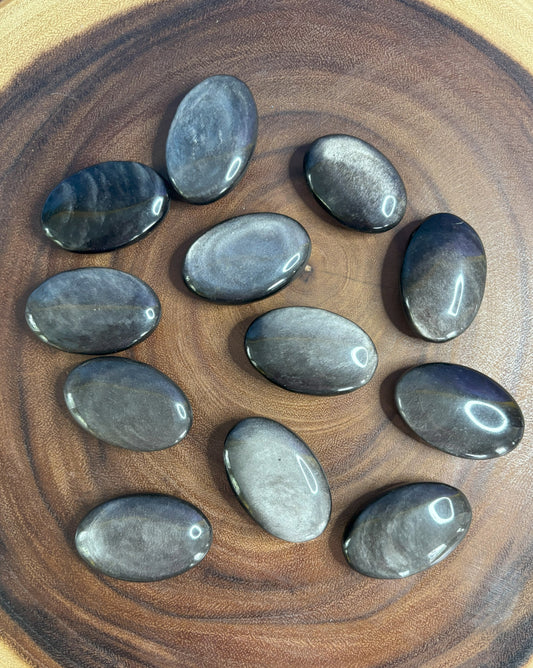 Silver Sheen Black Obsidian Palm Stones